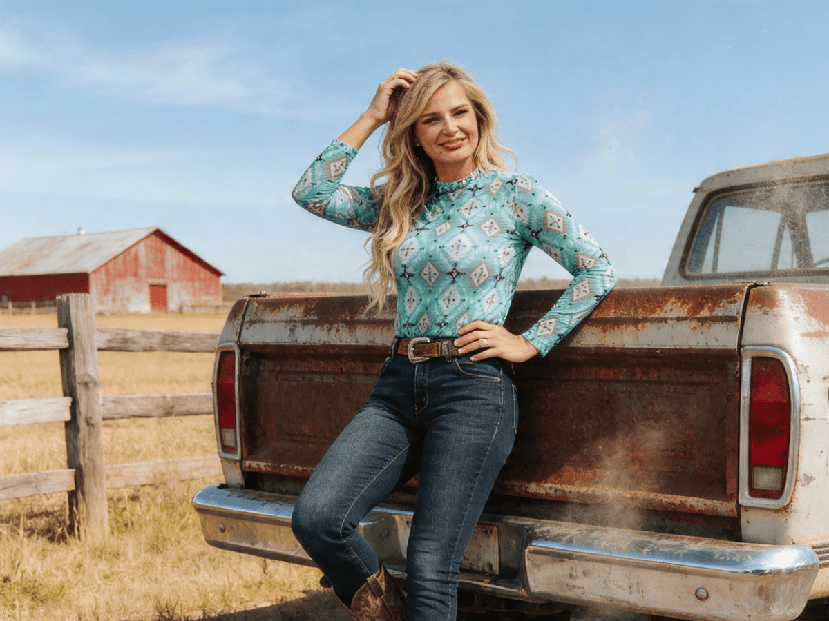 LUCKY & BLESSED Turquoise Aztec Print Long Sleeve Mesh Western Top — Bold Southwestern Geometric Layering Piece Cowhide and Conchos