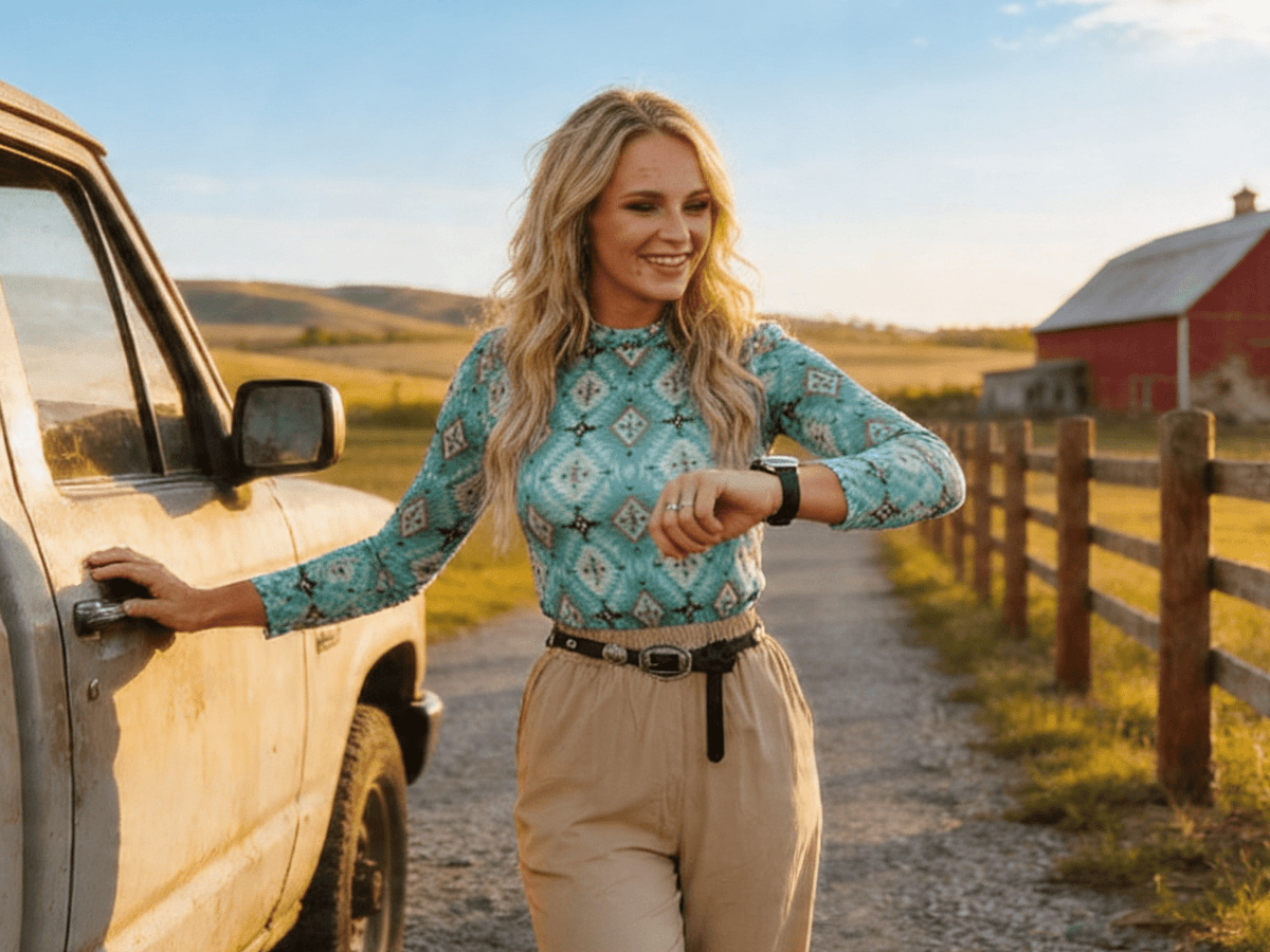LUCKY & BLESSED Turquoise Aztec Print Long Sleeve Mesh Western Top — Bold Southwestern Geometric Layering Piece Cowhide and Conchos