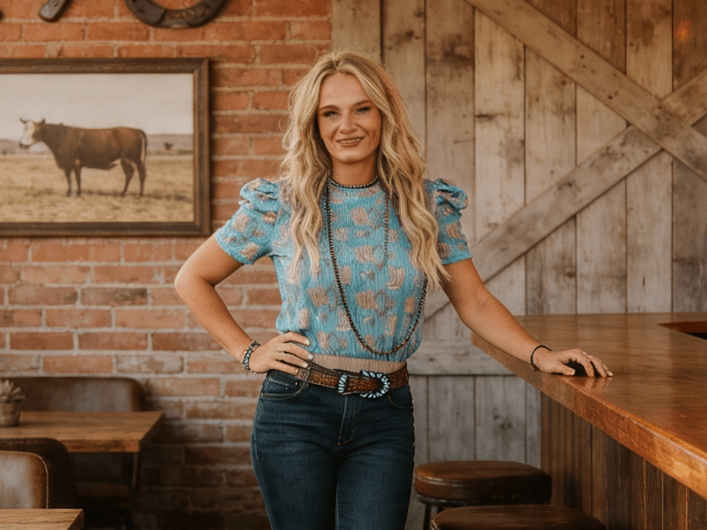 LUCKY & BLESSED Turquoise Boots Print Puff Short Sleeve Western Top — Iconic Western Boot Print Cowgirl Statement Cowhide and Conchos