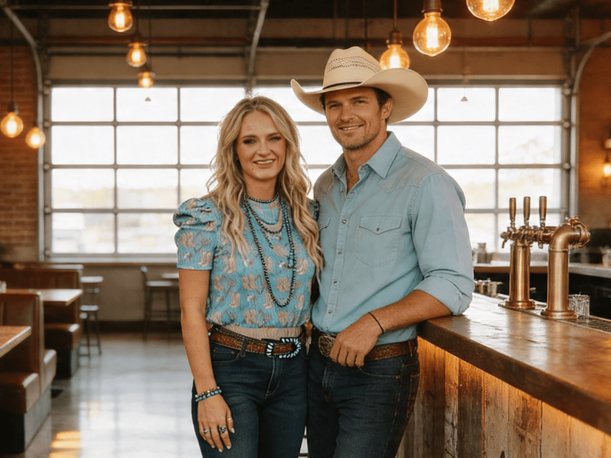 LUCKY & BLESSED Turquoise Boots Print Puff Short Sleeve Western Top — Iconic Western Boot Print Cowgirl Statement Cowhide and Conchos