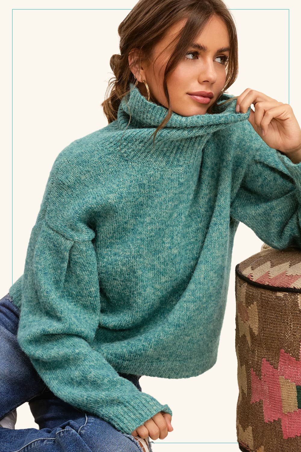 La Miel Loose-Fit Turtleneck Pin-Tuck Long Sleeve Western Sweater — Drop Shoulder Cozy Layering (small remaining) Cowhide and Conchos