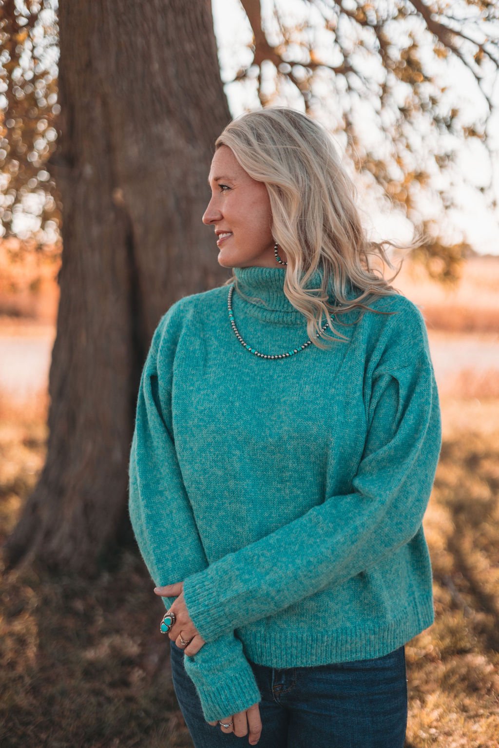 La Miel Loose-Fit Turtleneck Pin-Tuck Long Sleeve Western Sweater — Drop Shoulder Cozy Layering (small remaining) Cowhide and Conchos
