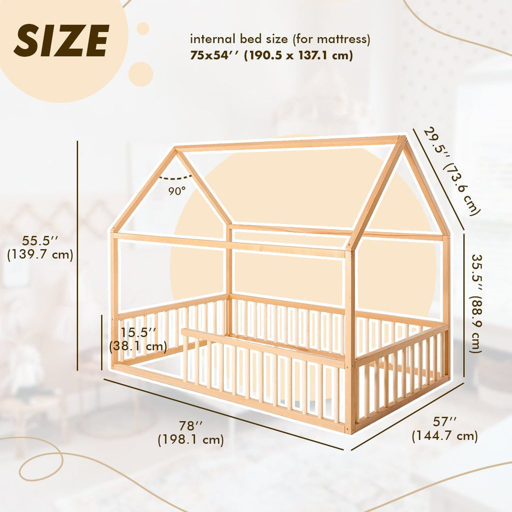 Twin Size Montessori House Bed for Kids with Fence Goodevas B2B