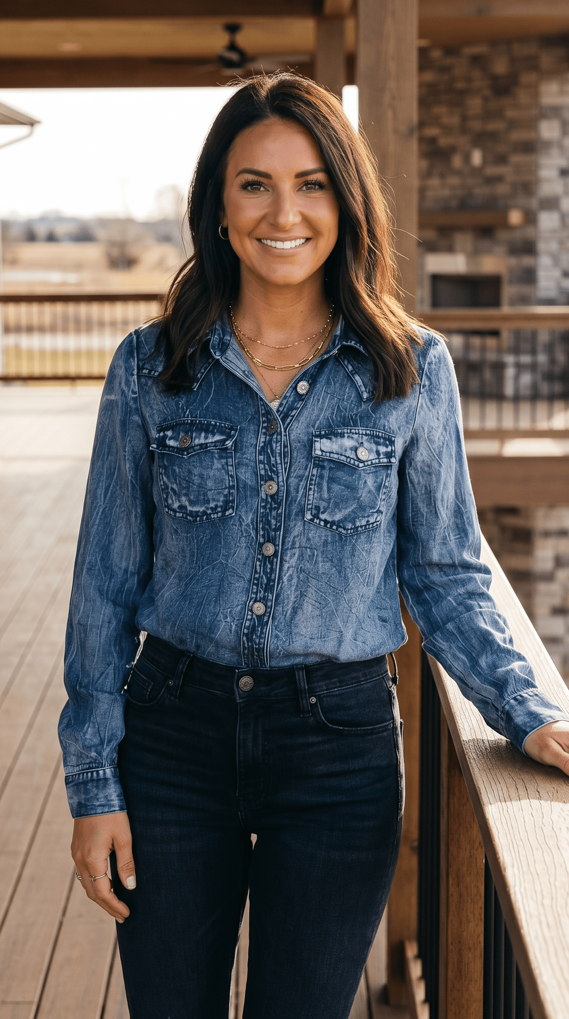 LUCKY & BLESSED Vintage Blue Washed Western Denim Shirt — Concho Button Tencel Cowgirl Statement Cowhide and Conchos