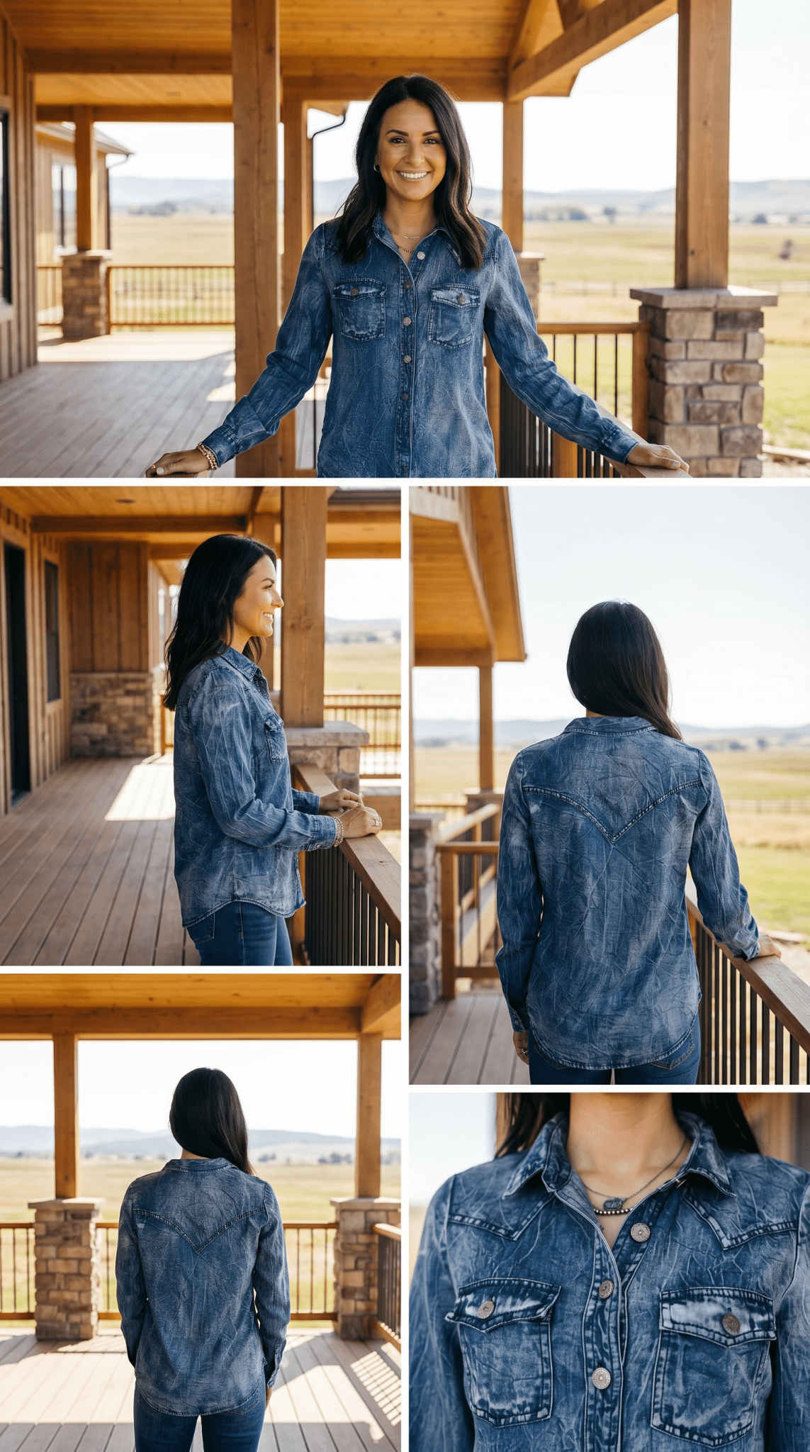 LUCKY & BLESSED Vintage Blue Washed Western Denim Shirt — Concho Button Tencel Cowgirl Statement Cowhide and Conchos