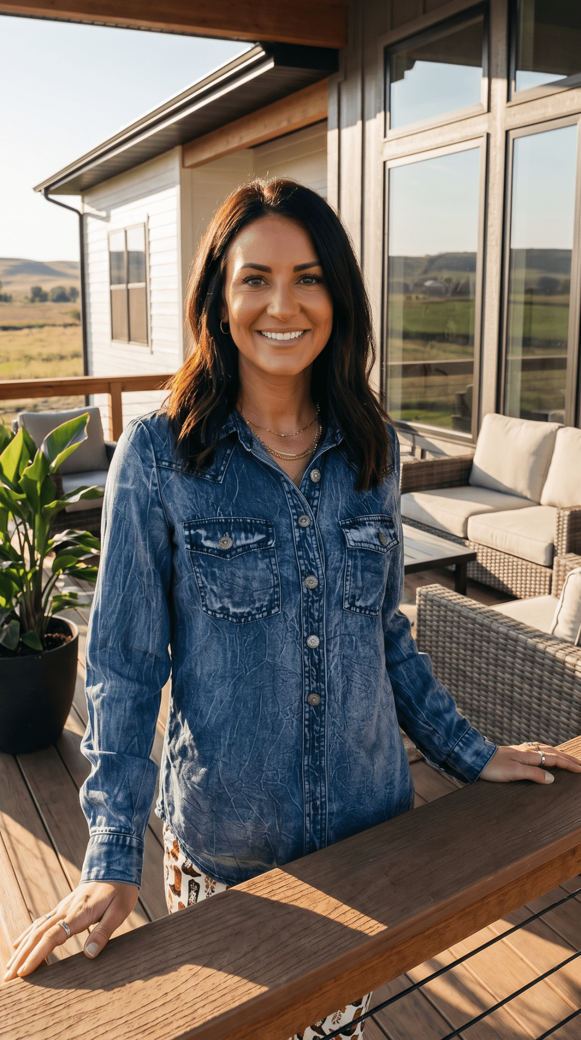 LUCKY & BLESSED Vintage Blue Washed Western Denim Shirt — Concho Button Tencel Cowgirl Statement Cowhide and Conchos