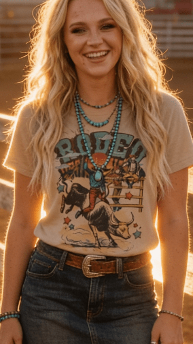 1/2 Penny "Vintage Rodeo Bull Rider" Western Graphic Tee — Sand Cotton-Blend Unisex Western Statement Cowhide and Conchos