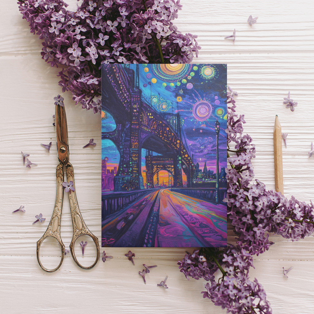 "Bright Lights" – Dreamy City Bridge Postcard - Surreal Nightscape Art Print Black Magic Social Club