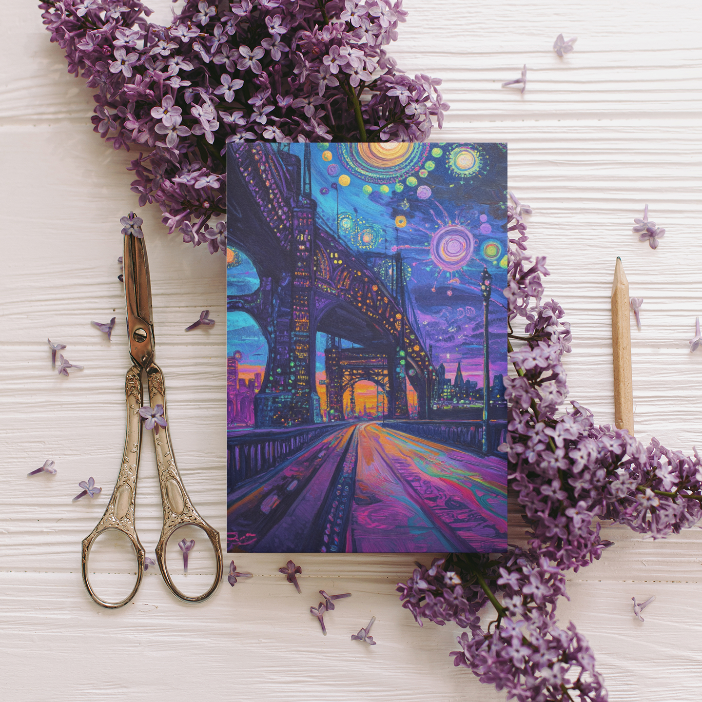 "Bright Lights" – Dreamy City Bridge Postcard - Surreal Nightscape Art Print Black Magic Social Club