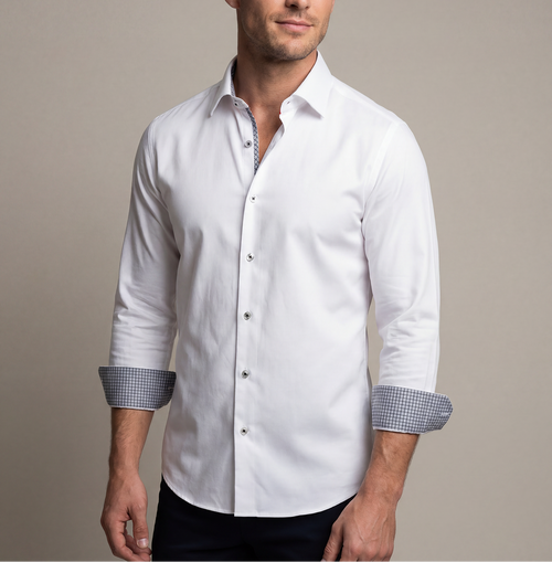 Jason// Cotton Knit-Stretch Button-Up Shirt With Contrast Details // White // Tailored Fit (Fitted) LEVINAS® Official