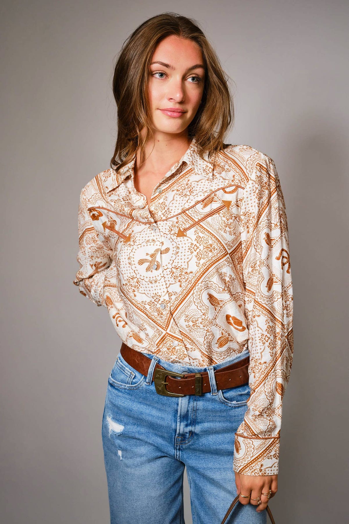 Blue B "Rust Bandana" Vintage Western Snap-Front Shirt — Buttery-Soft 100% Rayon Cowgirl Outlaw Cowhide and Conchos