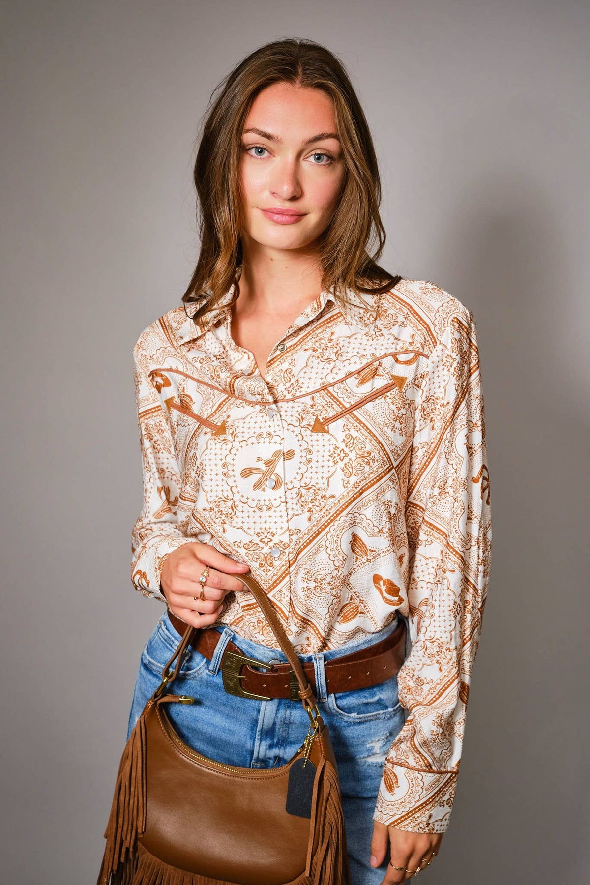 Blue B "Rust Bandana" Vintage Western Snap-Front Shirt — Buttery-Soft 100% Rayon Cowgirl Outlaw Cowhide and Conchos