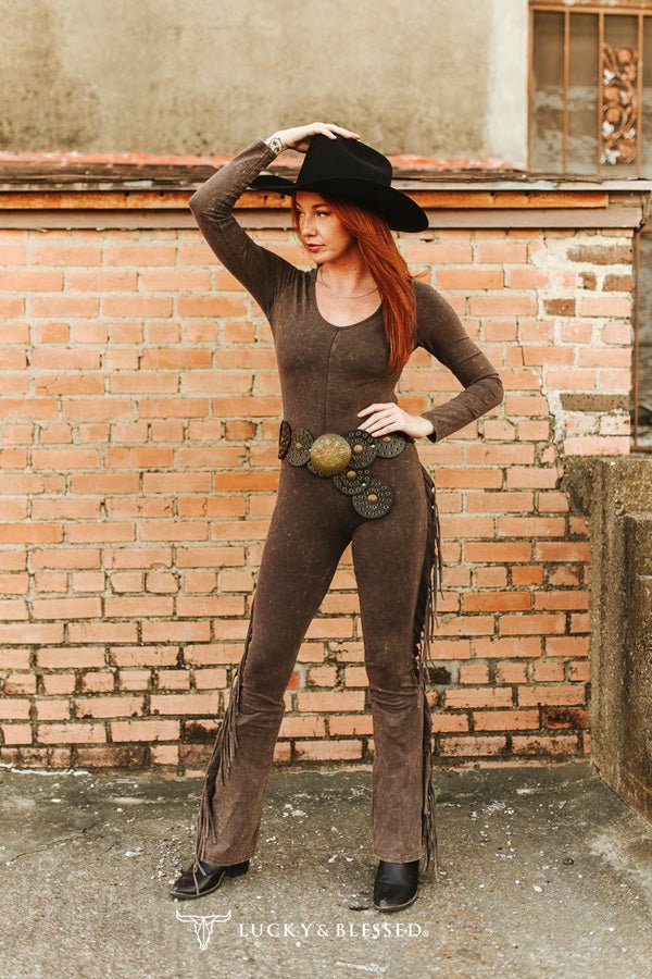 Western Fringe Mineral Wash Flare Jumpsuit - Dark Brown Cowhide and Conchos
