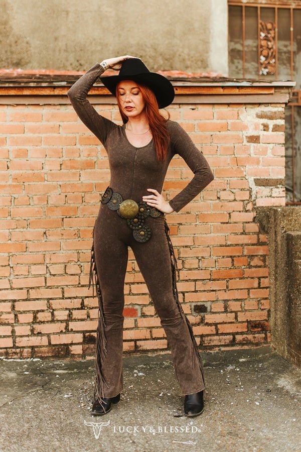 Western Fringe Mineral Wash Flare Jumpsuit - Dark Brown Cowhide and Conchos