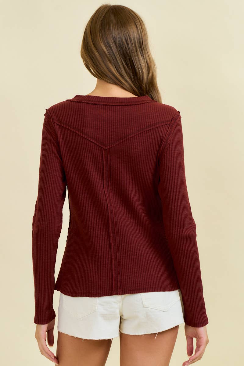 Doe and Rae Western Yoke Ribbed Long-Sleeve Tee — Cinnamon or Acorn Stretch Knit with Exposed Seams Cowhide and Conchos