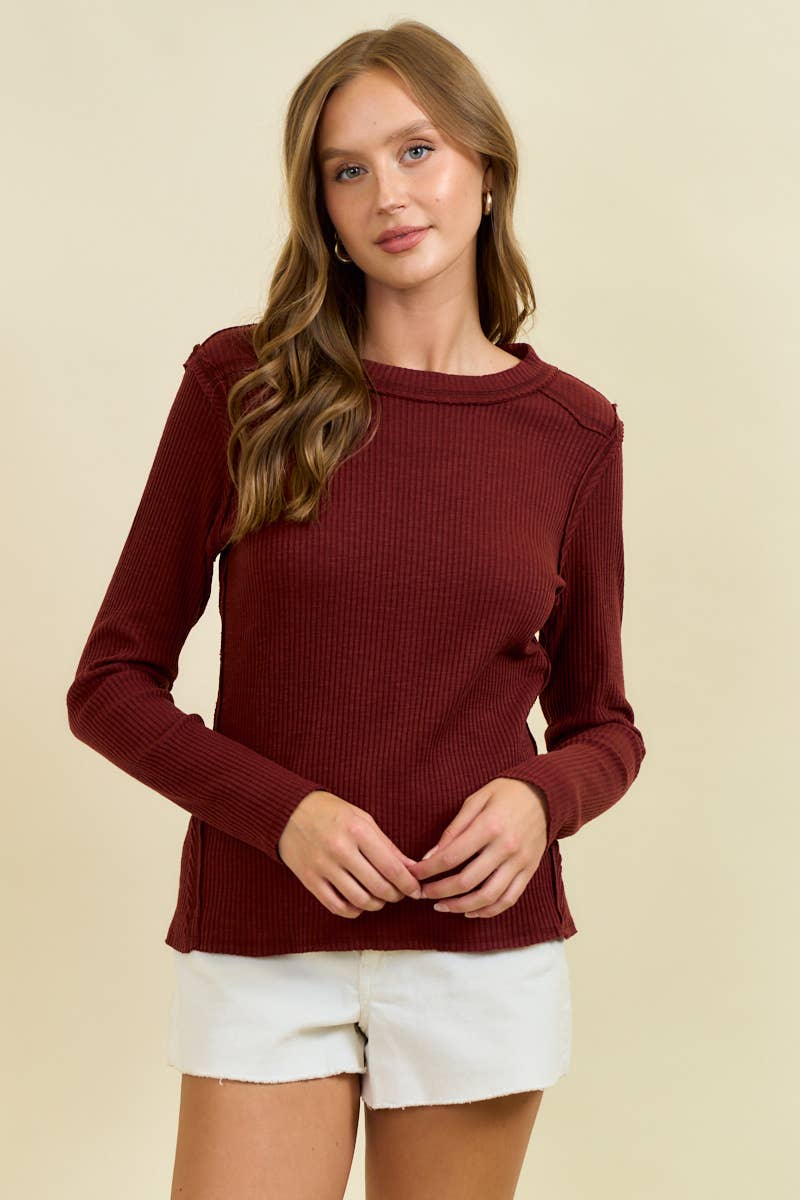 Doe and Rae Western Yoke Ribbed Long-Sleeve Tee — Cinnamon or Acorn Stretch Knit with Exposed Seams Cowhide and Conchos