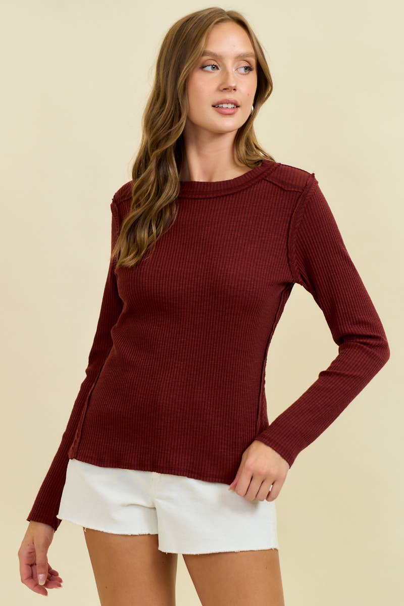 Doe and Rae Western Yoke Ribbed Long-Sleeve Tee — Cinnamon or Acorn Stretch Knit with Exposed Seams Cowhide and Conchos