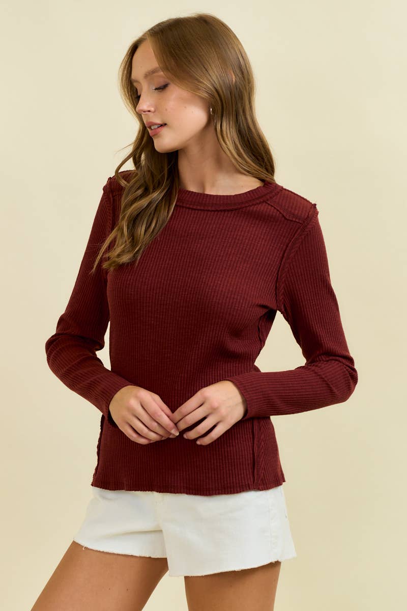 Doe and Rae Western Yoke Ribbed Long-Sleeve Tee — Cinnamon or Acorn Stretch Knit with Exposed Seams Cowhide and Conchos