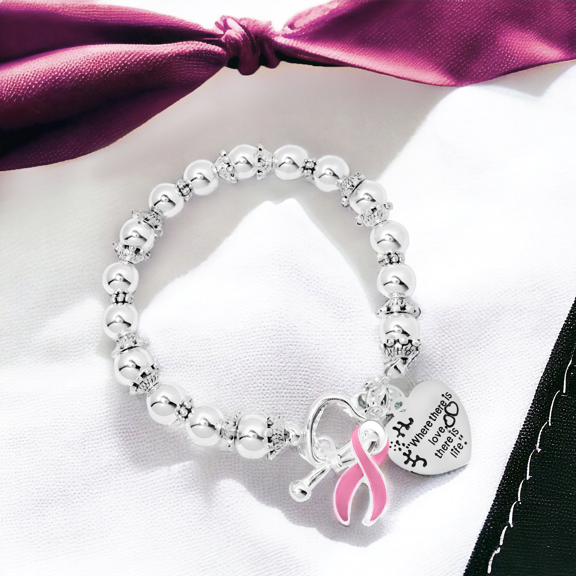 Where There Is Love Heart Charm Pink Ribbon Bracelets The Awareness Company