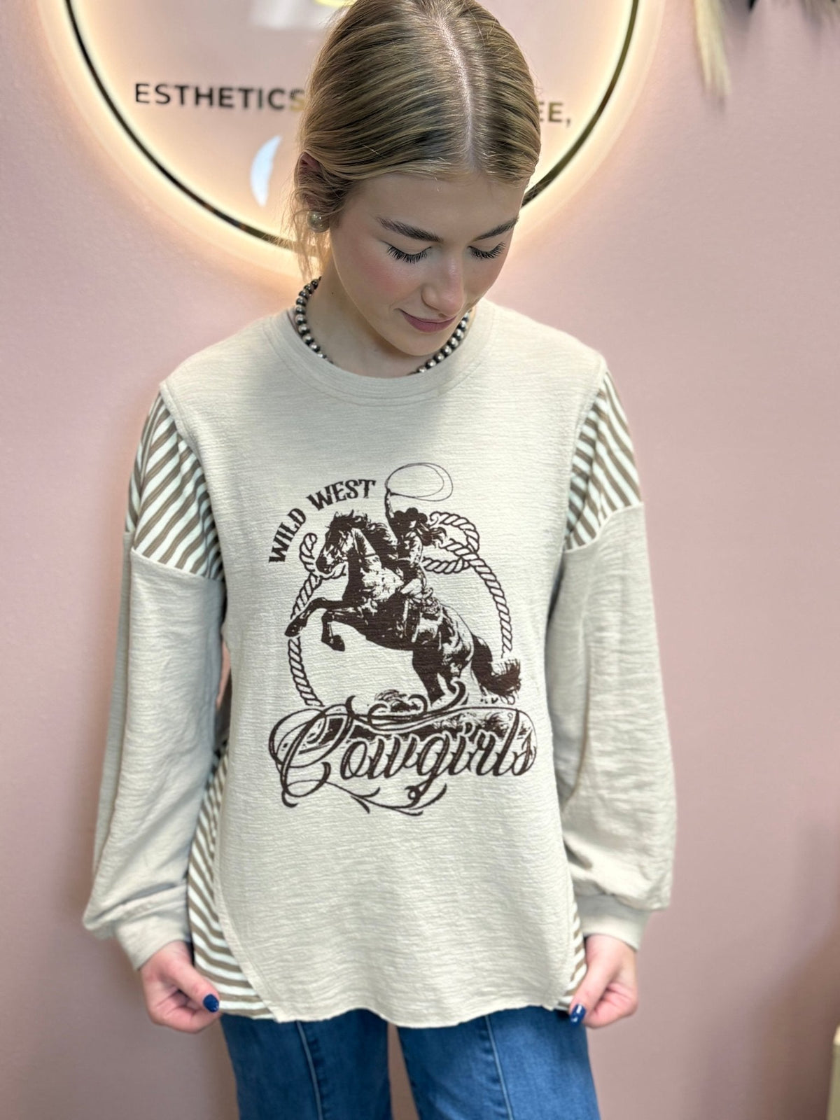 VERY J "Wild West Cowgirls" Western Graphic Knit Top — Oversized Mixed Media (Taupe or Olive) Cowhide and Conchos