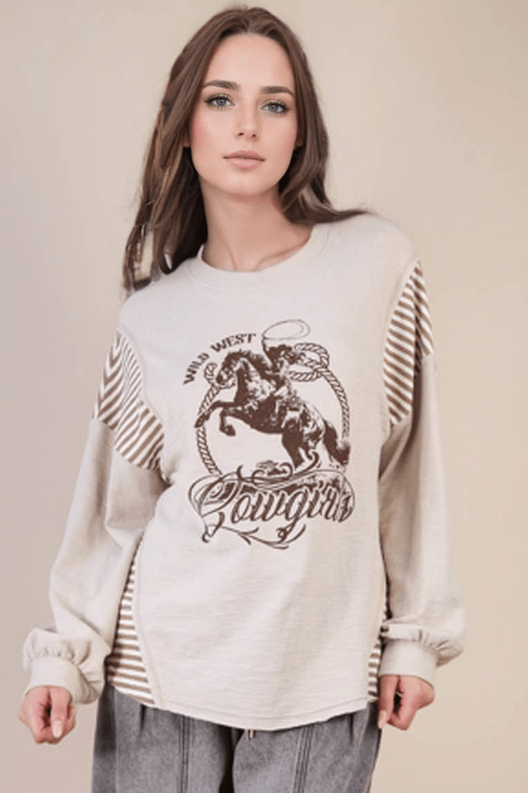 VERY J "Wild West Cowgirls" Western Graphic Knit Top — Oversized Mixed Media (Taupe or Olive) Cowhide and Conchos