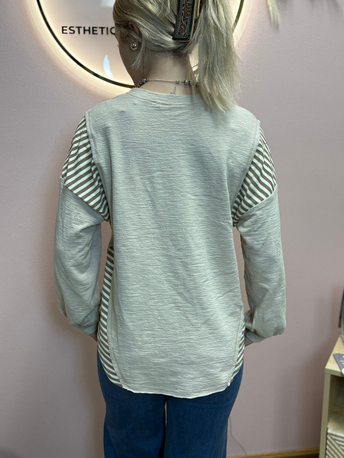 VERY J "Wild West Cowgirls" Western Graphic Knit Top — Oversized Mixed Media (Taupe or Olive) Cowhide and Conchos