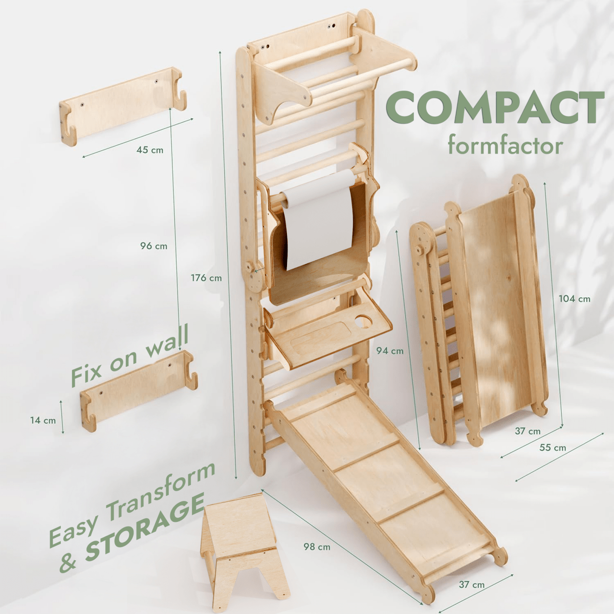 Wooden Swedish Wall / Climbing ladder for Children + Swing Set + Slide Board + Art Add-on Goodevas B2B