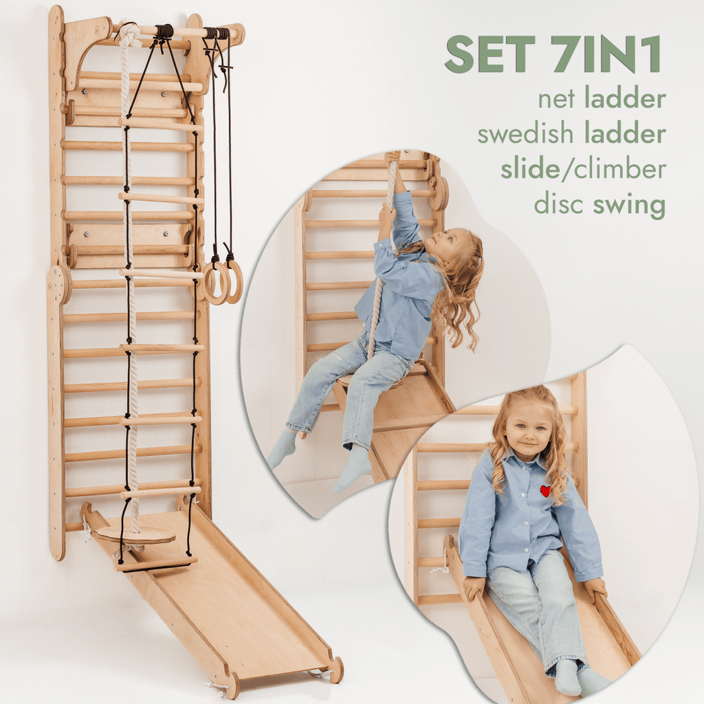 Wooden Swedish Wall / Climbing ladder for Children + Swing Set + Slide Board + Art Add-on Goodevas B2B
