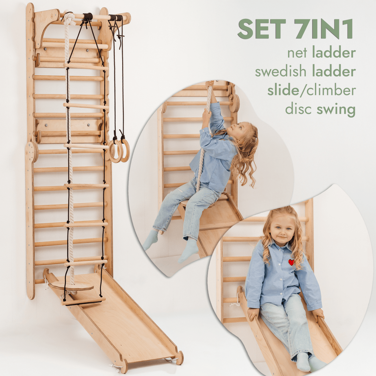 Wooden Swedish Wall / Climbing ladder for Children + Swing Set + Slide Board + Art Add-on Goodevas B2B