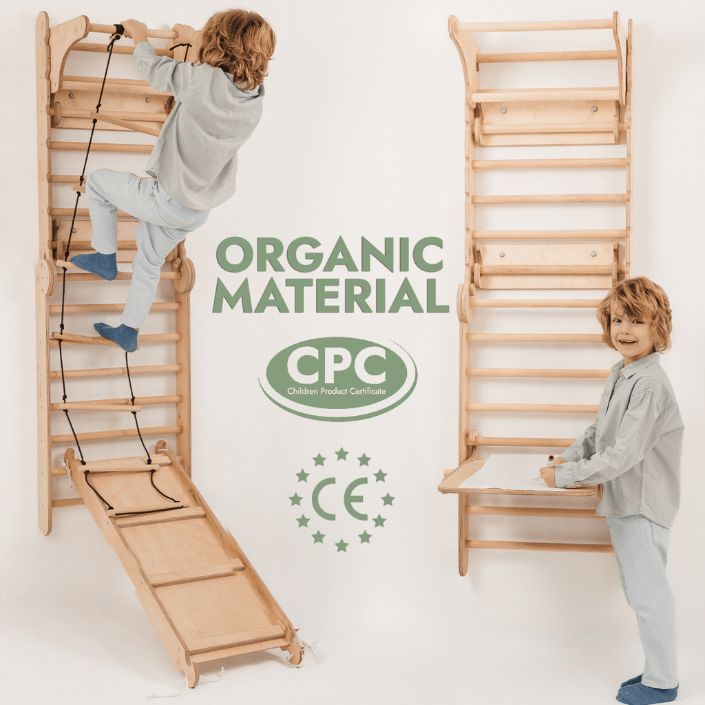 Wooden Swedish Wall / Climbing ladder for Children + Swing Set + Slide Board + Art Add-on Goodevas B2B