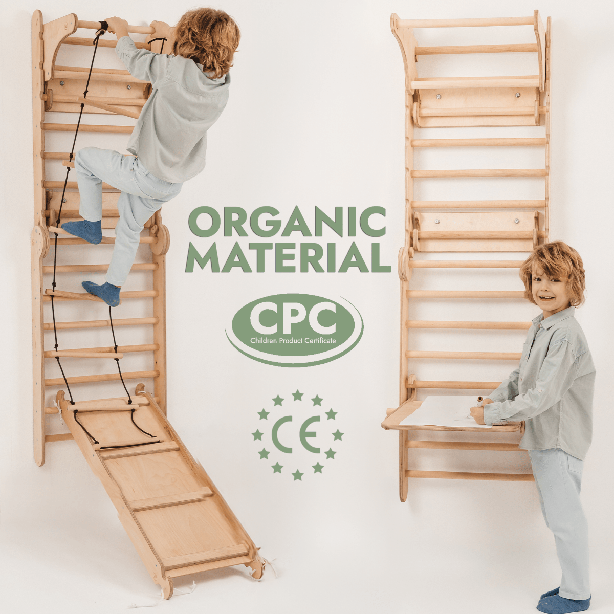 Wooden Swedish Wall / Climbing ladder for Children + Swing Set + Slide Board + Art Add-on Goodevas B2B