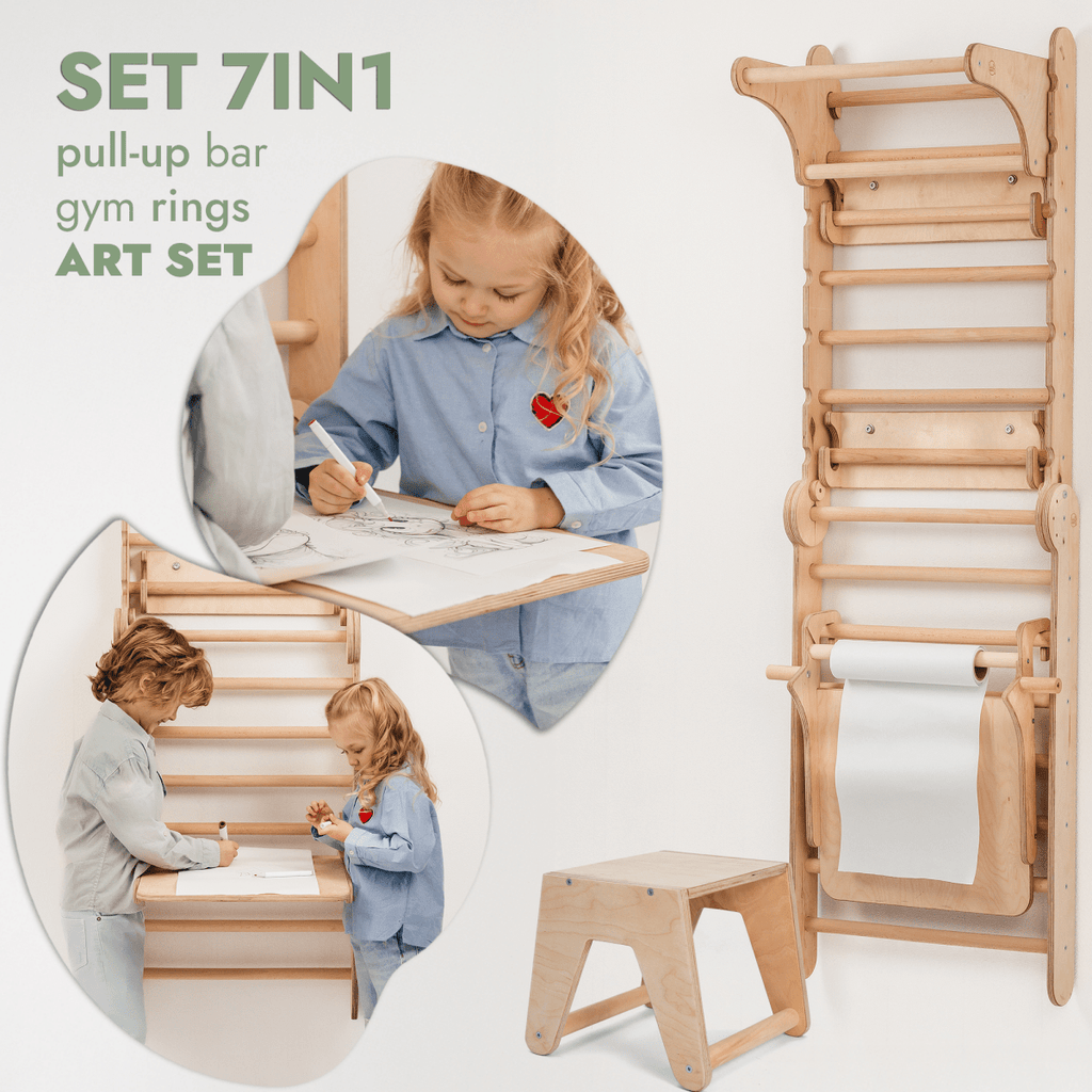 Wooden Swedish Wall / Climbing ladder for Children + Swing Set + Slide Board + Art Add-on Goodevas B2B