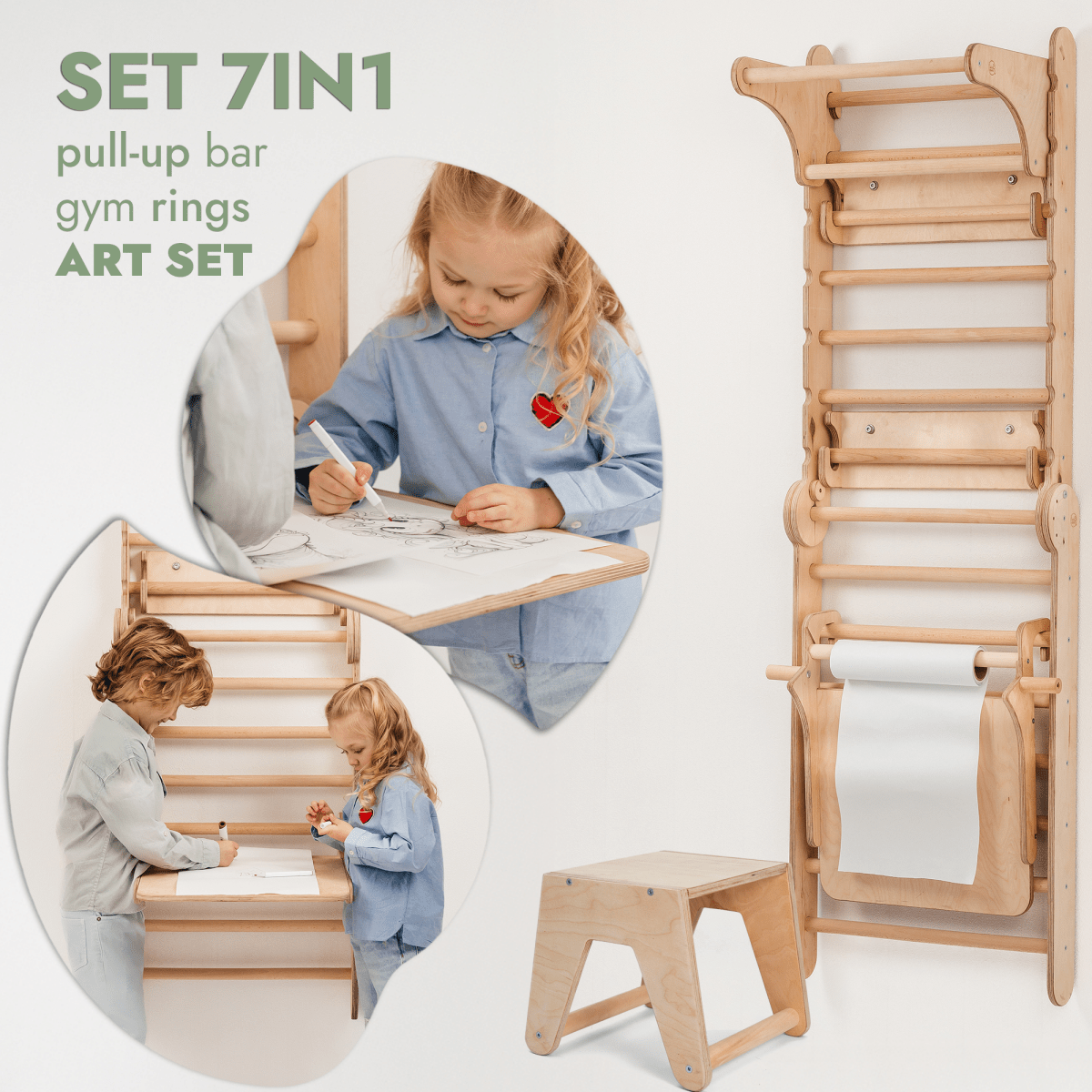 Wooden Swedish Wall / Climbing ladder for Children + Swing Set + Slide Board + Art Add-on Goodevas B2B