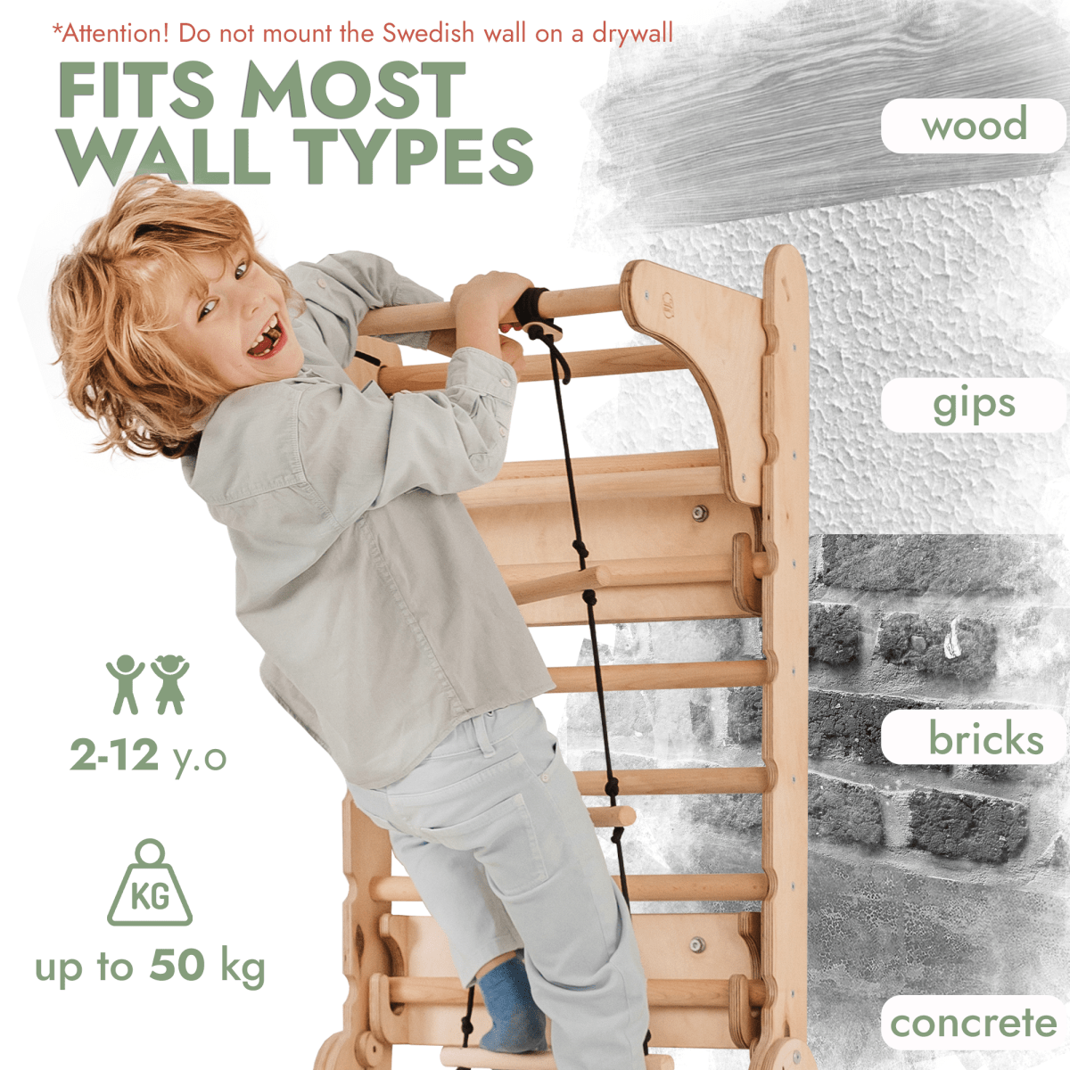 Wooden Swedish Wall / Climbing ladder for Children + Swing Set + Slide Board + Art Add-on Goodevas B2B