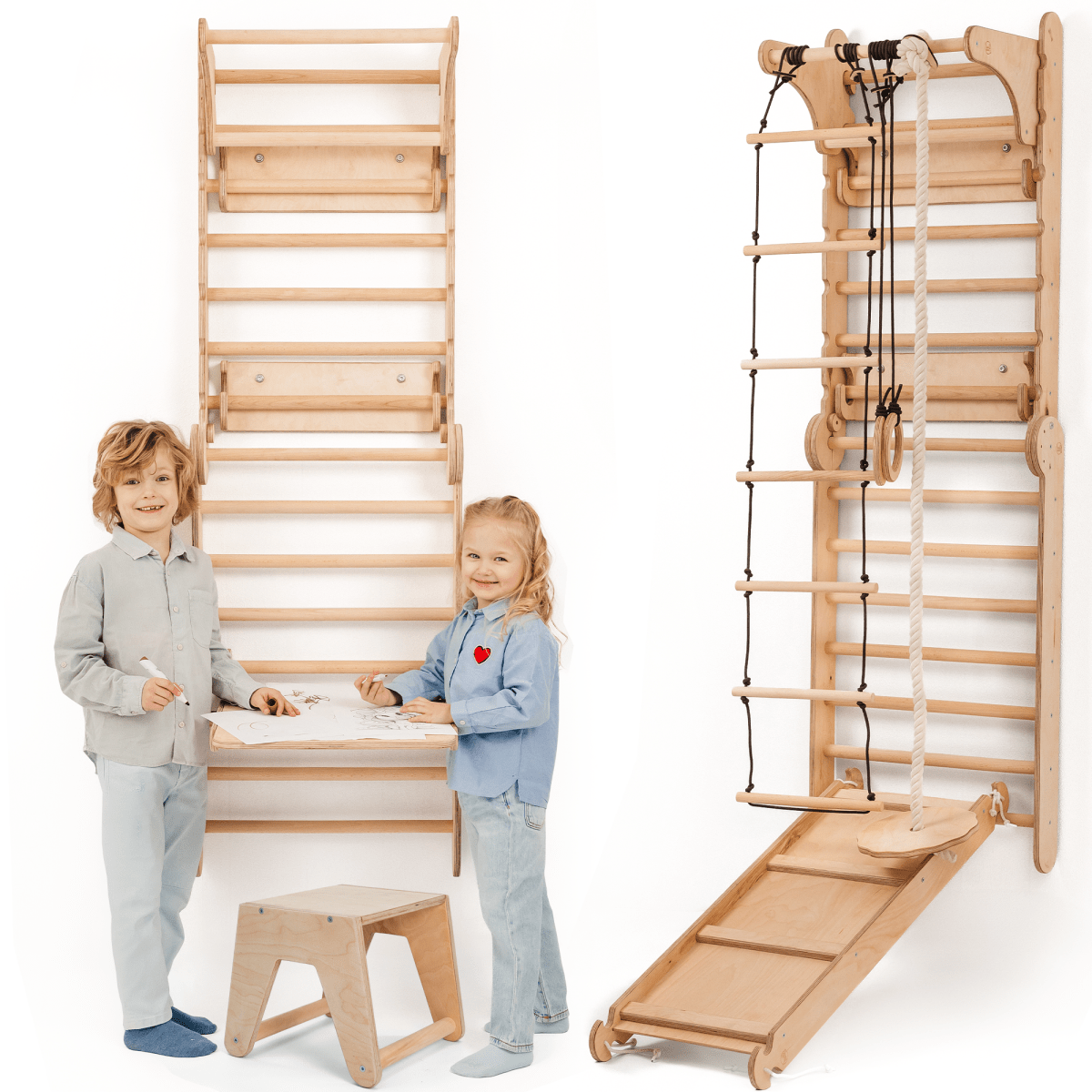 Wooden Swedish Wall / Climbing ladder for Children + Swing Set + Slide Board + Art Add-on Goodevas B2B