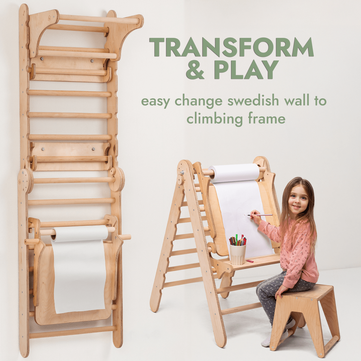 Wooden Swedish Wall / Climbing ladder for Children + Swing Set + Slide Board + Art Add-on Goodevas B2B