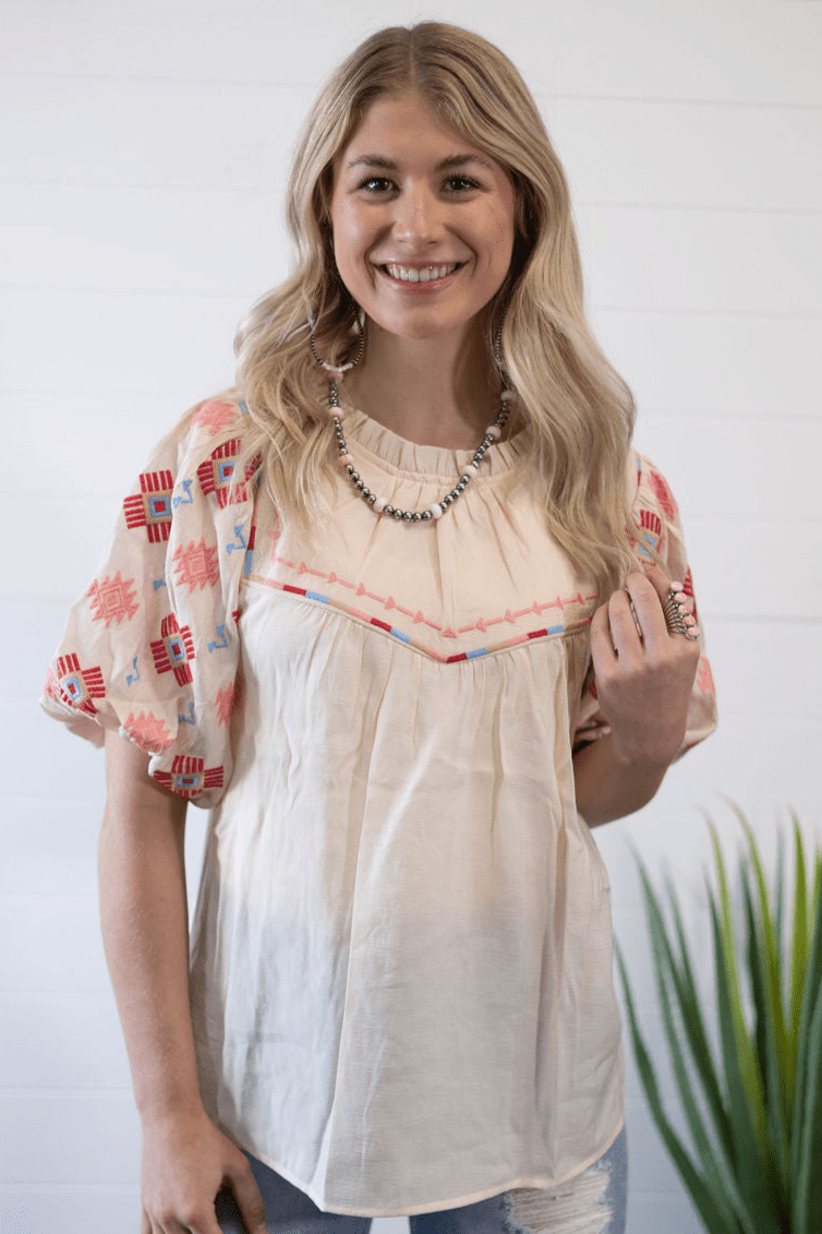 Umgee "Zia" Western Embroidered Blouse — Flowy Woven High Neck with Bubble Sleeves & Embroidered Yoke (medium remains) Cowhide and Conchos