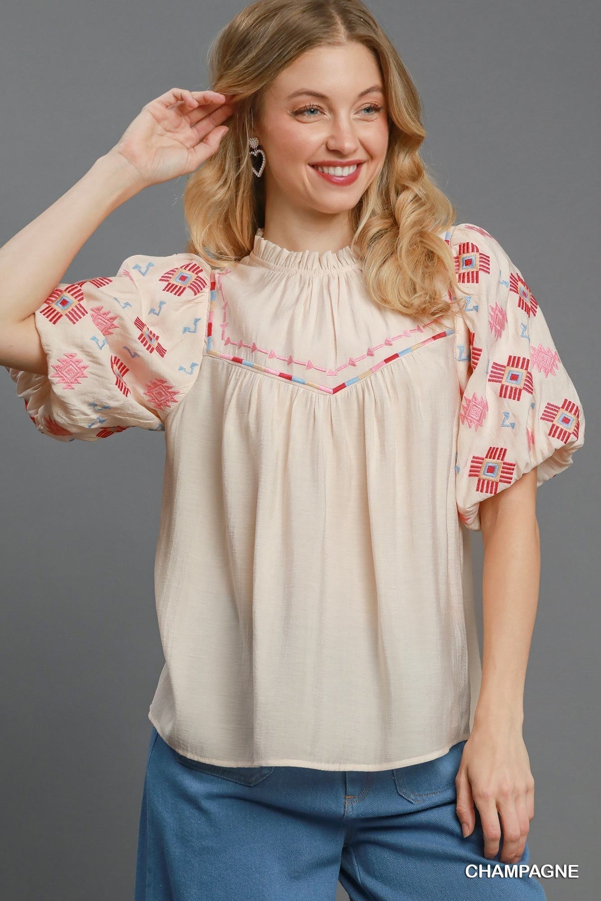 Umgee "Zia" Western Embroidered Blouse — Flowy Woven High Neck with Bubble Sleeves & Embroidered Yoke (medium remains) Cowhide and Conchos