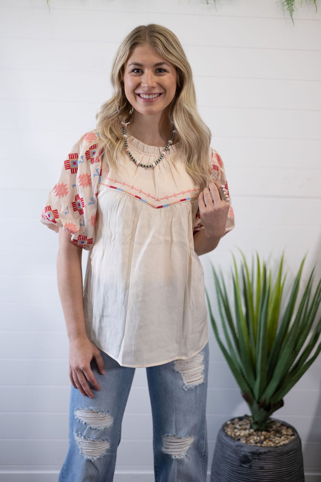 Umgee "Zia" Western Embroidered Blouse — Flowy Woven High Neck with Bubble Sleeves & Embroidered Yoke (medium remains) Cowhide and Conchos