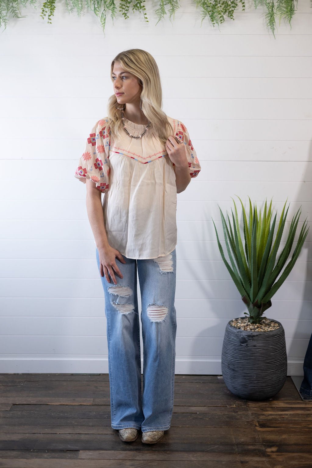 Umgee "Zia" Western Embroidered Blouse — Flowy Woven High Neck with Bubble Sleeves & Embroidered Yoke (medium remains) Cowhide and Conchos