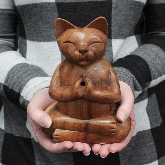 Wooden Carved Incense Burners - Lrg Yoga Cat