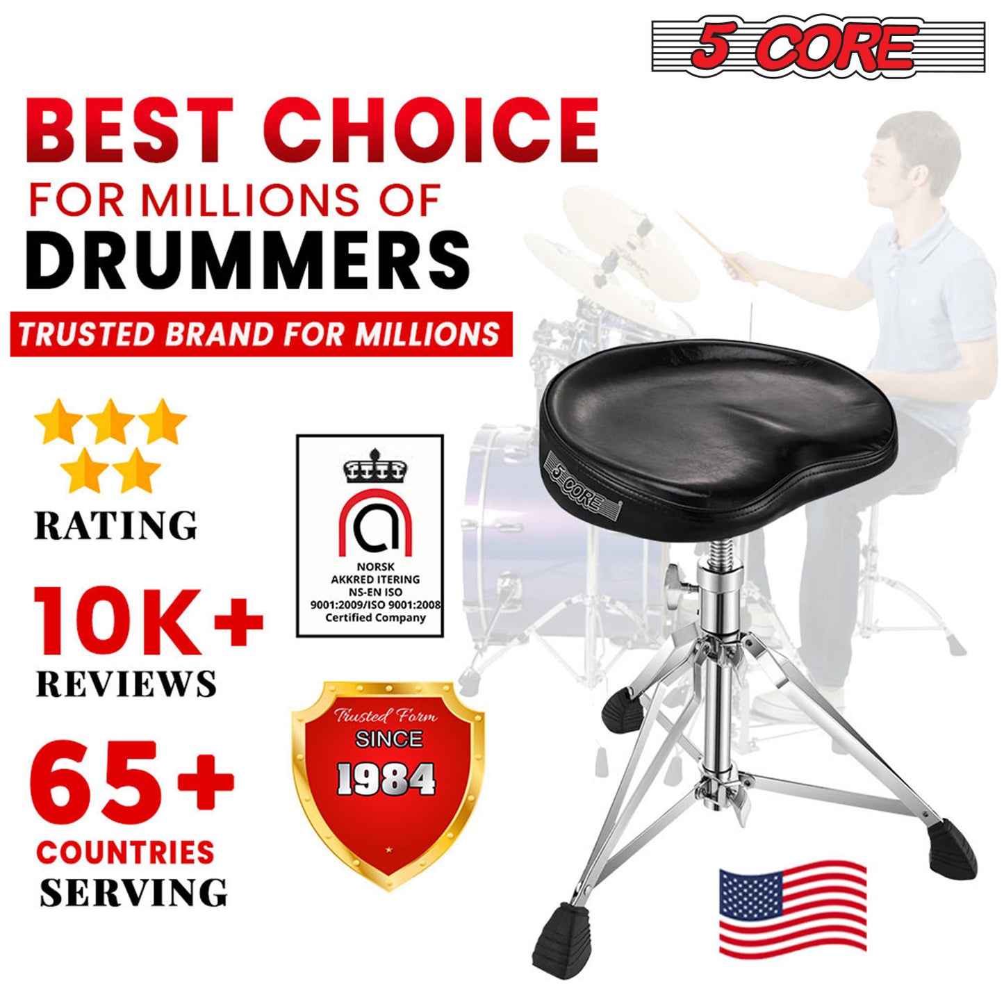 5 Core Saddle Drum Throne Height Adjustable Padded Seat Drum Stool; with Double Braced Anti-Slip Feet Swivel Drum Chair Black DS CH BLK SDL HD