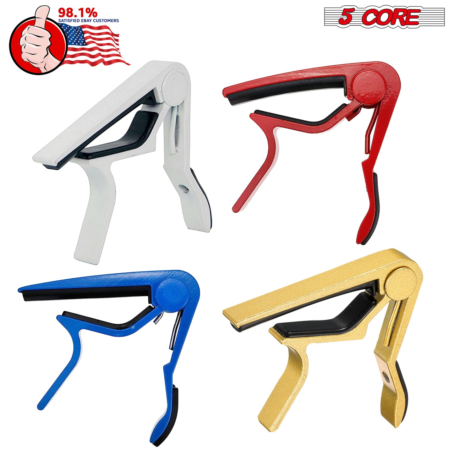 5 Core Guitar Capo Combo 4 Pcs| Premium Aluminum Capos for Guitars, Ukulele, Banjo, Mandolin, Bass| Superior Build Quality| Professional Musical Instrument Blue, Red, White and Gold- CAPO BRWG 4PCS