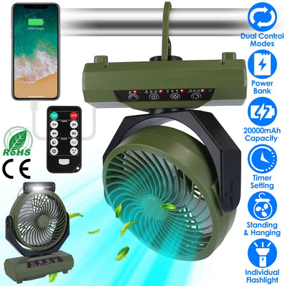 20000mAh Rechargeable Oscillating Camping Fan with Flashlight Hanging Hook Remote Control Portable Fan for Tent Emergency Power Bank Desk Fan with Timer Speed Setting