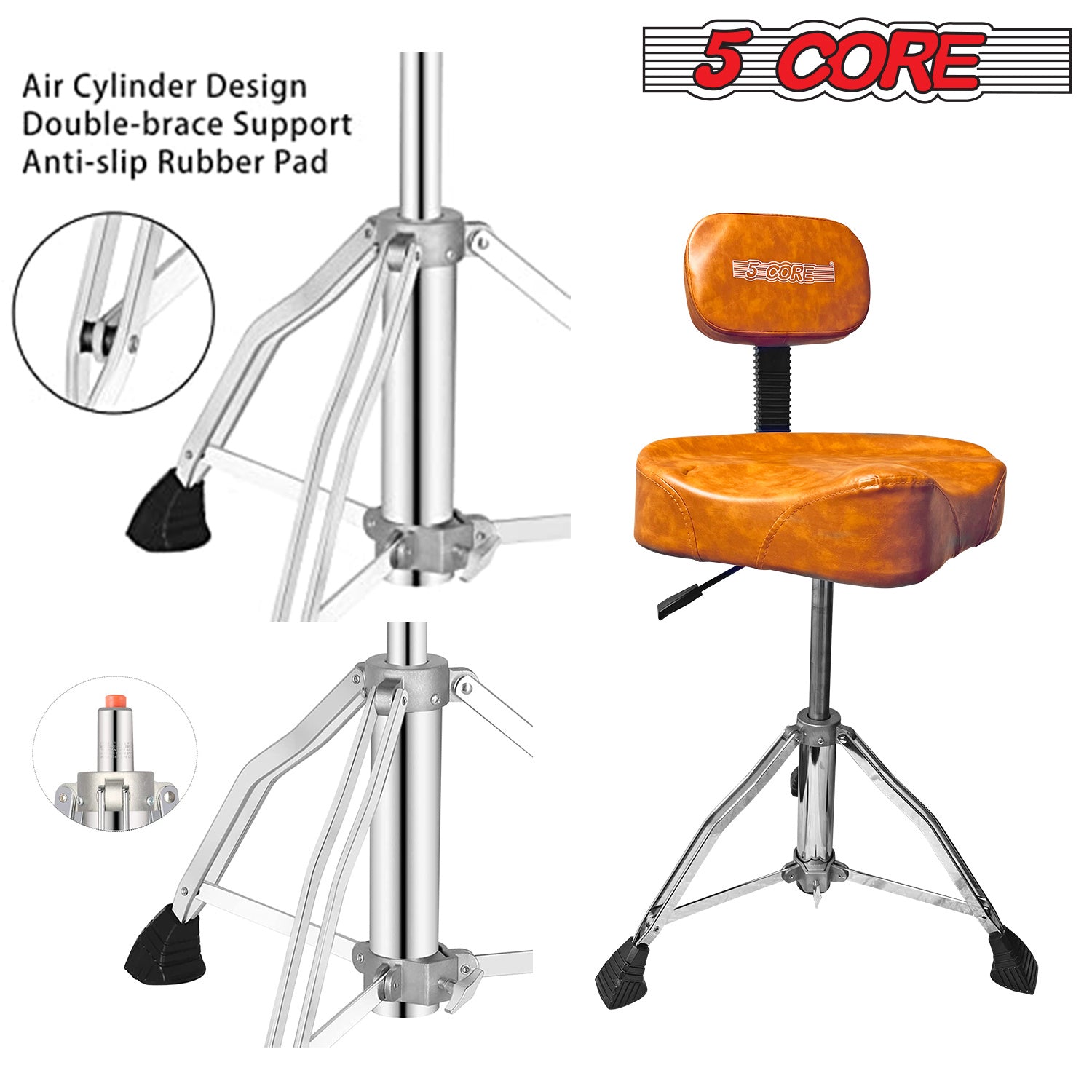 5 Core Drum Throne with Backrest Airlift Chair Height Adjustable Motorcycle Style Heavy Duty Drum Seat with Backrest; Drum Stools with Back Rest for Drummer Adults DS CH BR REST-LVR