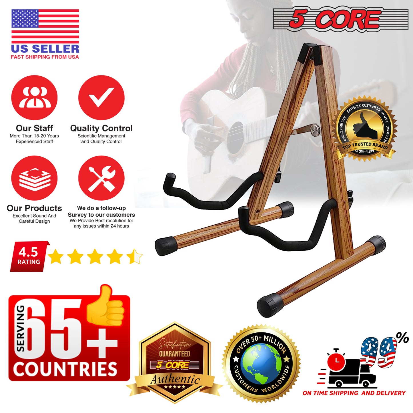 5 Core Wood Guitar Stand/ Acoustic Electric Wooden Guitar Floor Stand/ Universal A-Frame Folding Guitar Holder Adjustable for Bass, Cello, Mandolin, Banjo, Ukulele- GSS WD