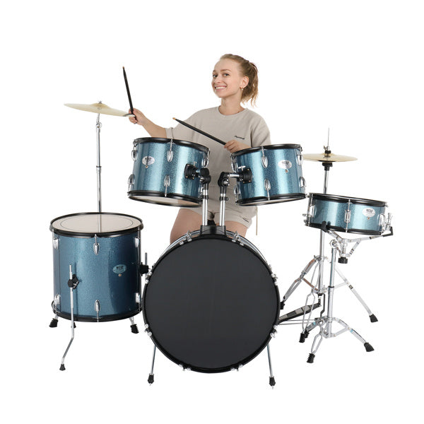 MCH Full Size Adult Drum Set 5-Piece Black with Bass Drum; two Tom Drum; Snare Drum; Floor Tom; 16" Ride Cymbal; 14" Hi-hat Cymbals; Stool; Drum Pedal; Sticks