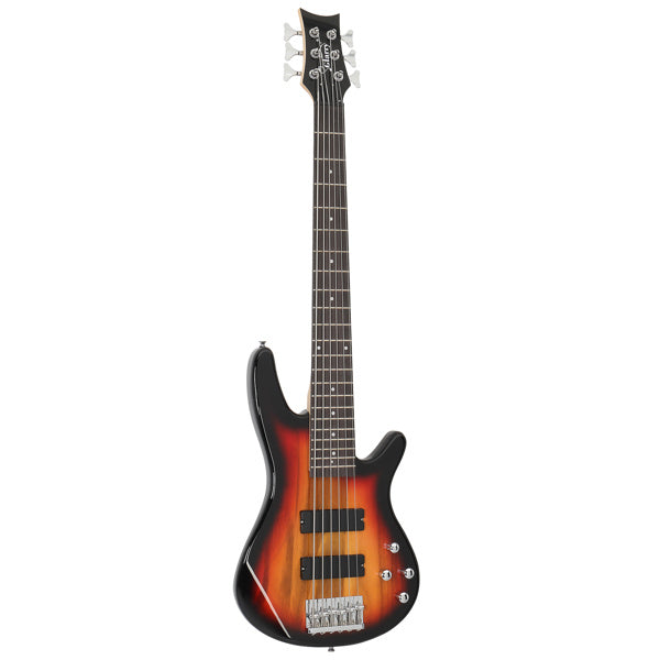 Glarry Full Size GIB 6 String H-H Pickup Electric Bass Guitar w/ Bag Strap Pick Connector Wrench Tool Sunset Color