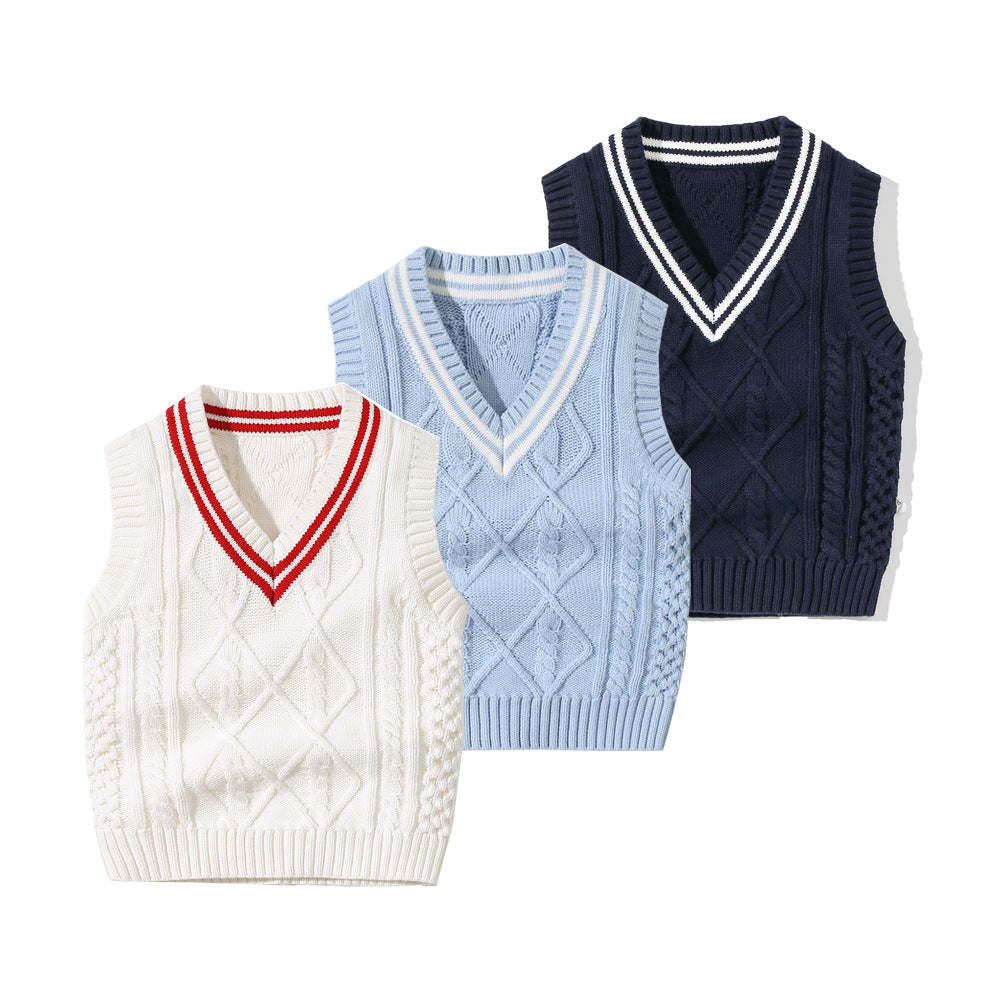 Baby Crochet Knitting Pattern Striped V-Neck Design College Style Sleeveless Vest Sweater