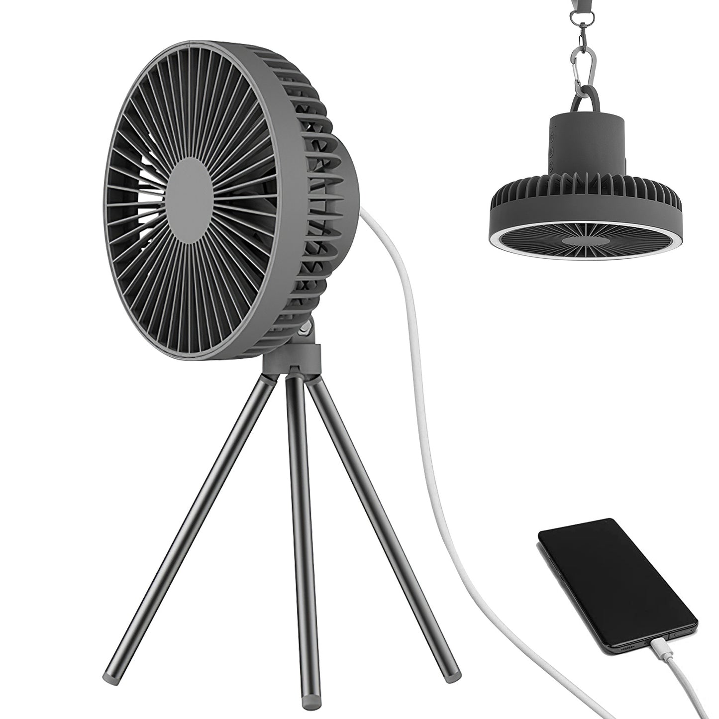 Portable Camping Fan Rechargeable Battery Powered Foldable Tripod Fan for Tent with Hanging Hook Carabiner Personal Desk Fan with 3 Speed Setting for Travel Hiking Fishing
